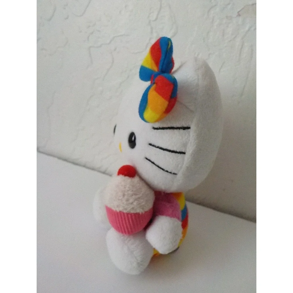 2011 Ty Beanie Babies Sanrio White Rainbow Stripe Hello Kitty w/ Muffin Plush 6